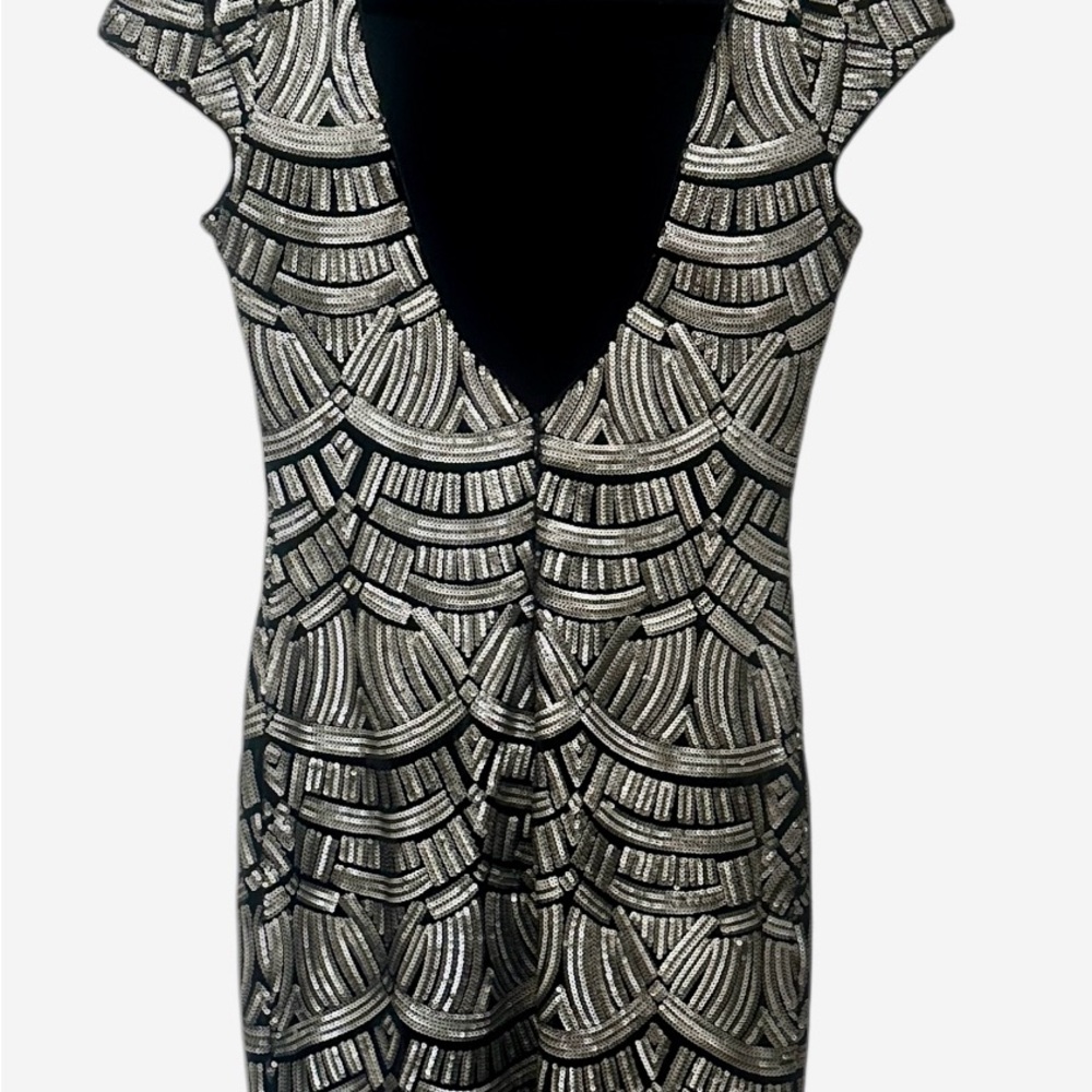 Dress the Population Black and Silver Sequin Sheath Midi Dress - Picture 2 of 6